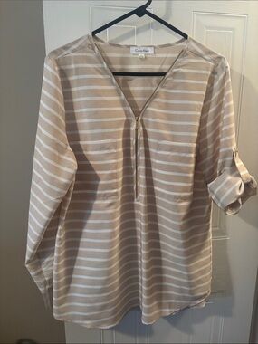 Calvin Klein Beige and White Striped Zip-Front Tunic